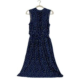 Leota‎ Women Small Dress New Sleeveless Blue Polka Dot Gathered Waist High Neck